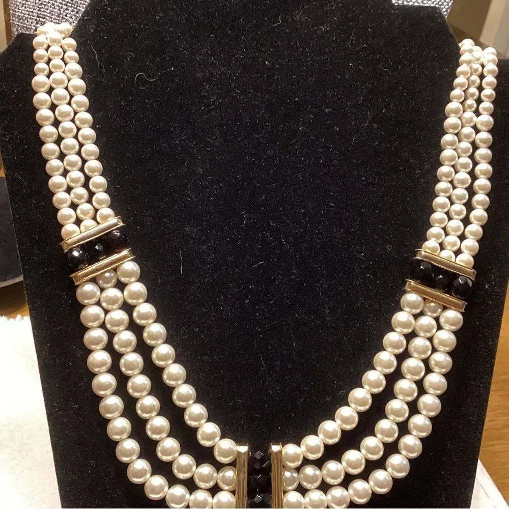 Elegant Trip Strand Faux Pearl Necklace with Black Accents